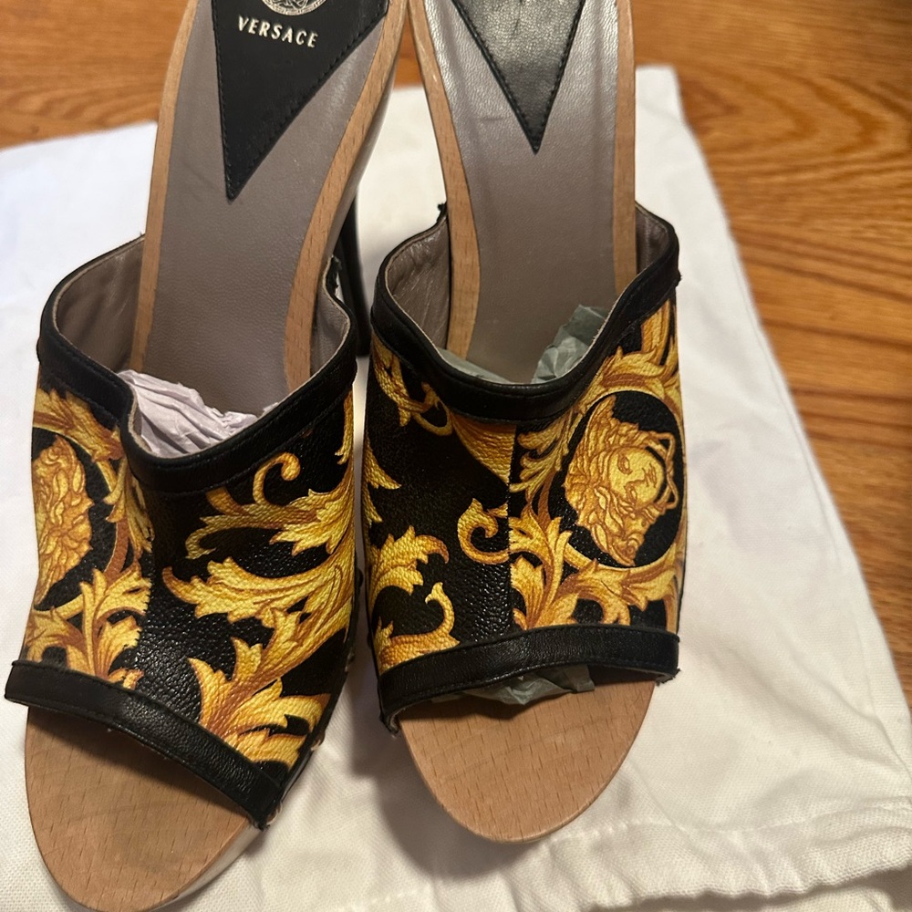Versace Black and Gold Baroque Mules